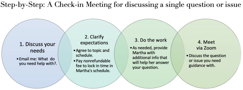 A chart describing the process for a check-in meeting to discuss a single question: (1) email Martha to clarify what you need help with; (2) agree to topic and schedule, and pay a scheduling fee; (3) as needed, provide Martha with additional info that will help her answer your question; (4) meet via Zoom to discuss the question or issue you need guidance with.
